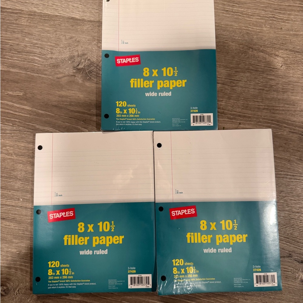 Staples Wide Ruled Filler Paper 8x10.5” 3 packages, 120 sheets each